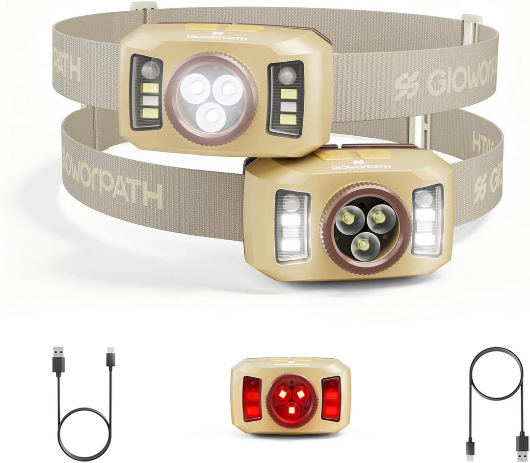 Upgraded Headlamp Rechargeable, Ultra Bright Headlight Flashlight with White Red Light, Motion Sensor Head Lights for Forehead, 6 Modes Head Lamp for Outdoor Camping Running Waterproof (2, Beige)