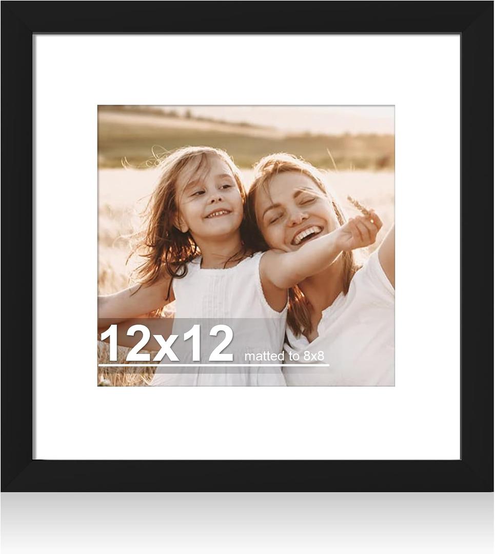 Hongkee 12x12 Picture Frame with Real Glass - 8x8 Wooden Frame with Mat, Horizontal and Vertical Display for Wall or Tabletop (Black, 1 Pack)