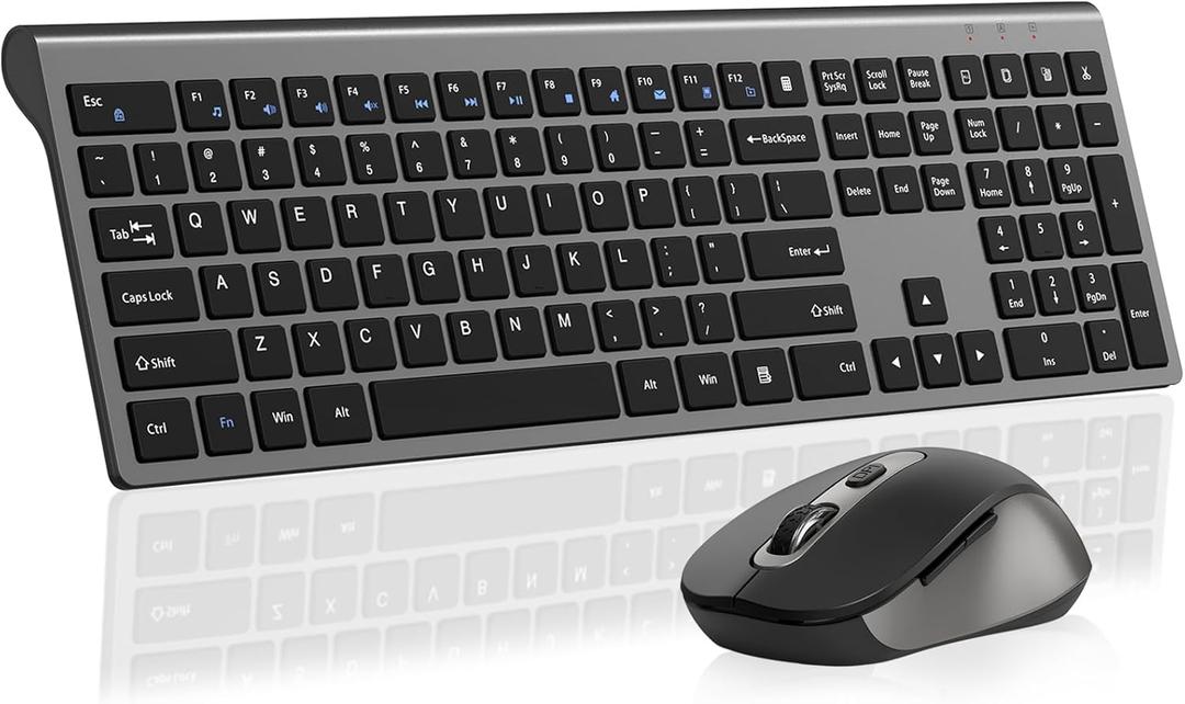 Wireless Mouse and Keyboard Combo, Full-Size Computer Keyboard with Calculator Button, 2400 Dpi Ergonomic Mouse, Ultra-Thin Cordless USB Keyboard and Mouse Set for Laptop Windows Mac - Gray (KM458-Grey)