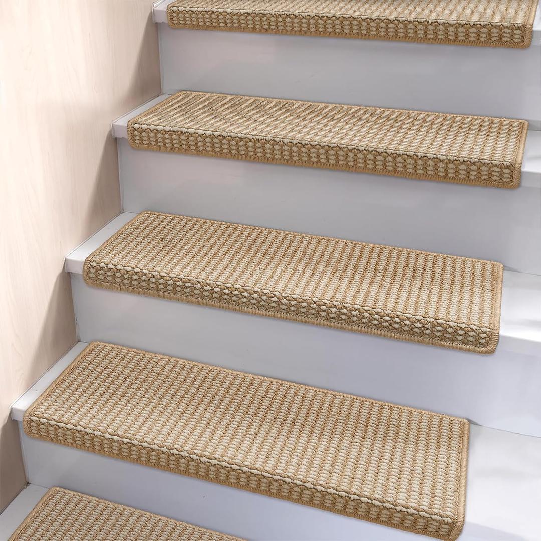 Brakki Bullnose Carpet Stair Treads, Stair Treads for Wooden Steps Indoor Runner and Pets, Non Slip Soft Edging Staircase Protectors, Washable, 29.5"x9.5"x1.5" 14pcs, Beige and Cream