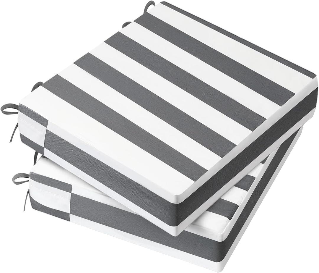 AAAAAcessories Outdoor Seat Cushions for Chairs, Waterproof, Fade-Resistant, 20" x 20" x 3", Patio Furniture Replacement Cushions, Set of 2, Gray Cabana Stripe