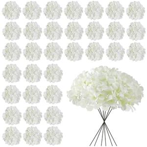 Cherica White Hydrangea Artificial Flowers Bulk, 30 Pcs Faux Hydrangea Flowers Heads, Artificial Fake Silk Hydrangea Flowers with Stems, White Flowers Artificial for Decoration Wedding Décor