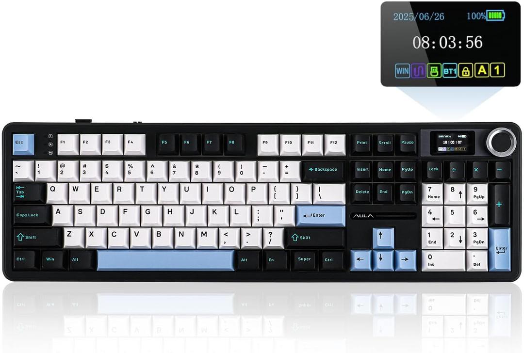 EPOMAKER X Aula F108 PRO Wireless Gaming Keyboard with Screen, 8000mAh Battery, 104 Hot-Swappable and Programmable Keys and Knob, RGB Backlight, for Mac/PC/Android (Blue&White&Black)