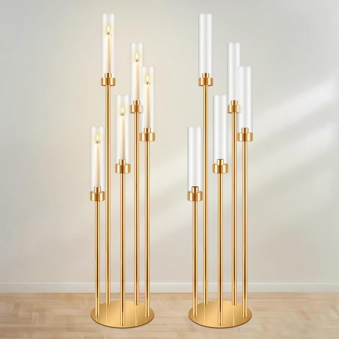 2Pcs Floor Candelabra Wedding Centerpieces Gold Candelabra Centerpieces 5 Arm 42" Tall Metal Candle Holder Metal Candlestick Holders with Acrylic Removable Lampshade for Christmas Decoration