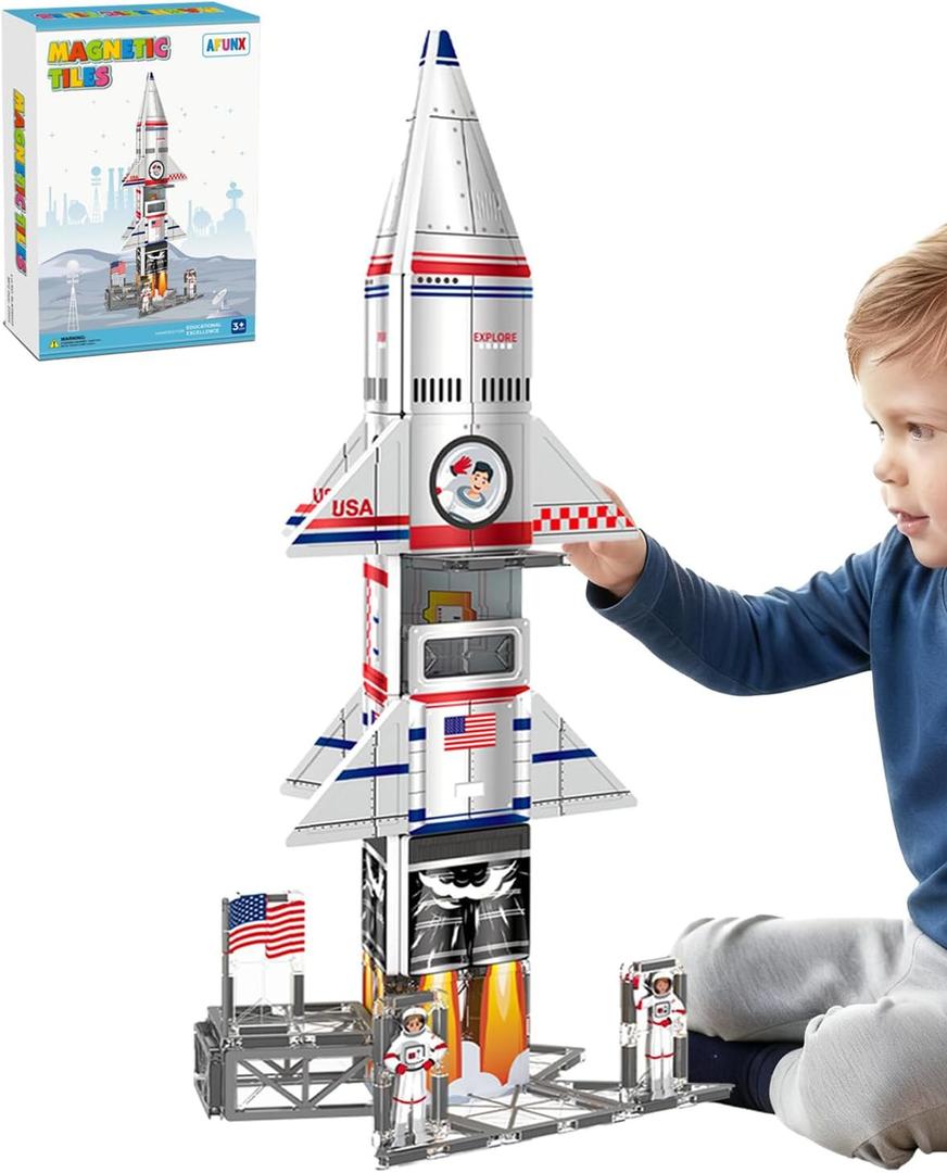 Magnetic Tiles Space Rocket Set,46 PCS Magnetic Building Blocks for Kids 3+, STEM Learning Toys, Safe & Durable Creative Construction Play, Gift for Boys & Girls