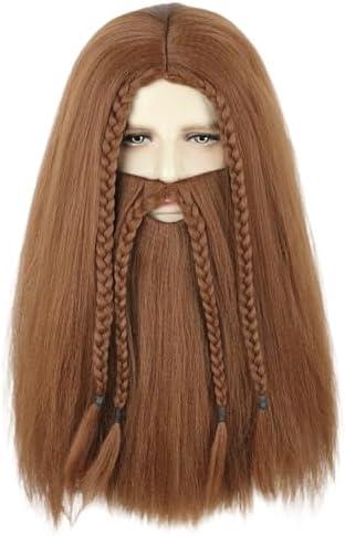Topcosplay Men Wigs and Beard Long Staight Cosplay Halloween Costume Wig (Light Brown-30#)