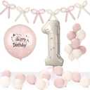 1st Birthday Decorations for Girl Happy First Birthday Baby Decoration 40 Inch Number 1 Balloon Pink White Banner Double Layer Bobo Balloons for Baby One Year Old Party Decor (Multi)