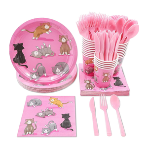 Sustainable Greetings Cat Birthday Party Supplies, Paper Plates, Napkins, Cups and Plastic Cutlery (Serves 24, 144 Pieces) - Cat Birthday Decorations - Kitten Party Decorations