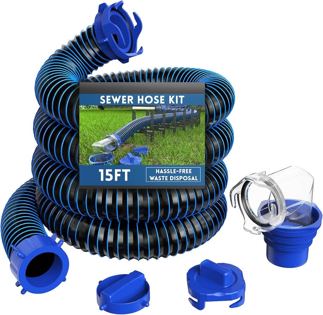 DUMPMAN RV Sewer Hose 15 FT, Sewer Hose for RV Camper RV, Sewer Hose Kit with Swivel Fitting - Includes 90 Degree Clear View Sewer Adapter, and 2 Storage Caps