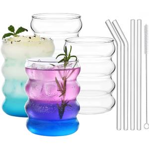 ALINK Ribbed Drinking Glass Cups with Straws Set of 4, 12 oz Aesthetic Iced Coffee Glasses, Wave Bubble Tumbler, Ripple Glassware, Beer Glasses for Coctail, Soda, Gift with Brush