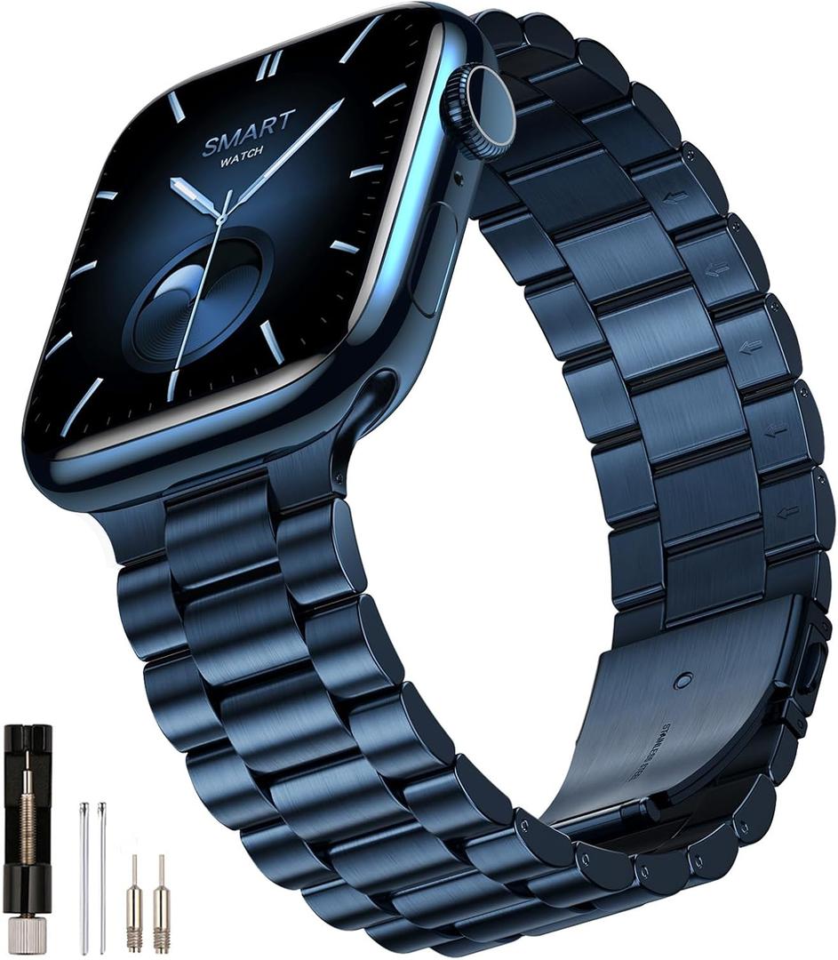 SUNFWR Compatible with Apple Watch Band 45mm 44mm 42mm for Men Women, Stainless Steel Metal iWatch Band for Apple Watch Series 9/8/7/6/5/4/3/2/1/SE/SE2(DarkBlue, 42mm/44mm/45mm No case)