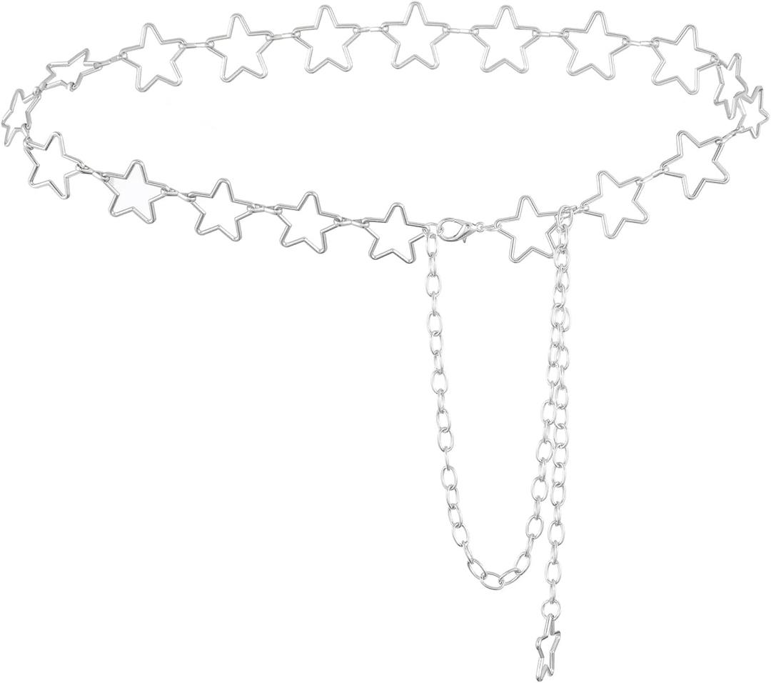 Silver Star Chain Belt Western Metal Belt for Women Punk Chain Belts for Dresses Jeans Waist Chain Belt Y2k Emo Body Jewelry