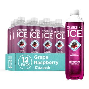 Sparkling Ice, Grape Raspberry Sparkling Water, Zero Sugar Flavored Water, with Vitamins and Antioxidants, Low Calorie Beverage, 17 fl oz Bottles (Pack of 12) (EXP 12/17/26)