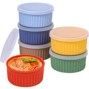 Koluti Nonstick Silicone Ramekins 4 oz with Lid, 6-Pack Oven Safe Creme Brulee Bowl for Baking, Mini Souffle Ice Cream Dessert Pudding Dipping Sauce Cups, BPA Free, Microwave, Freezer, Dishwasher Safe