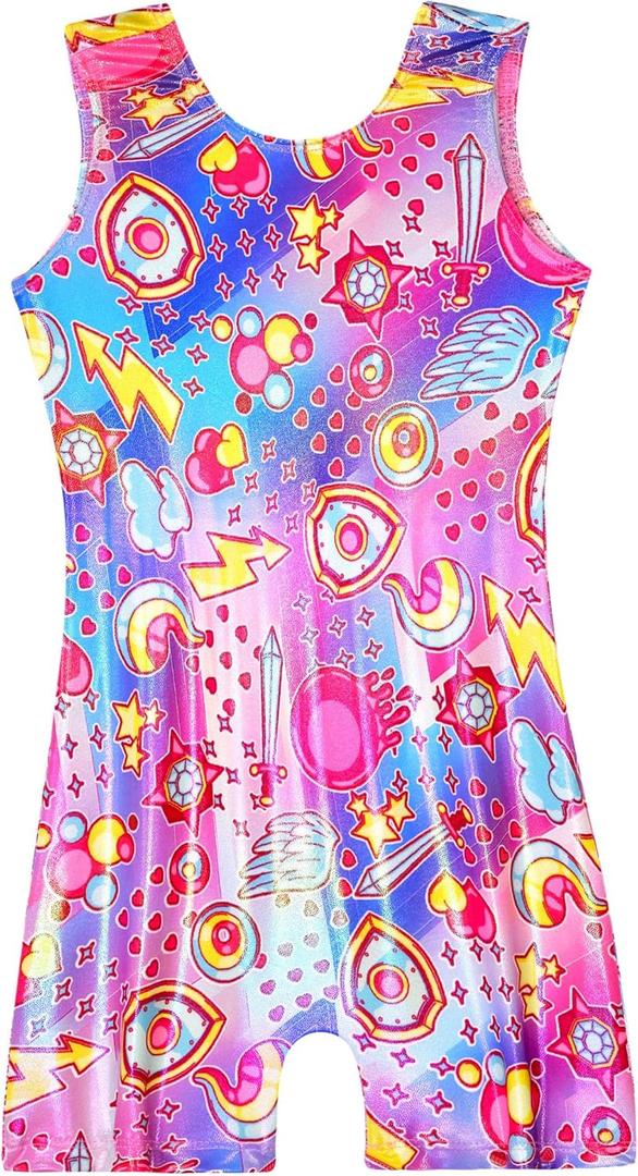 Domusgo Gymnastics Leotards for Girls Sparkly One Piece Sleeveless Tumbling Unitards (130, Pink Purple Green)