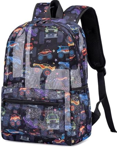 CAMTOP Mesh Backpack Kids Boys Girls Bookbag See Through Preschool Backpacks Casual Daypack for School Beach Travel Sport (Black-Vehicle)