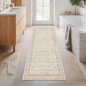 Long Ivory Farmhouse Hallway 2'6''x8' Runner Rug, Washable Non Slip Runner for Kitchen, Entryway, Low Pile Floral Stain Resistant Neutral Rugs (Light Sand Beige)