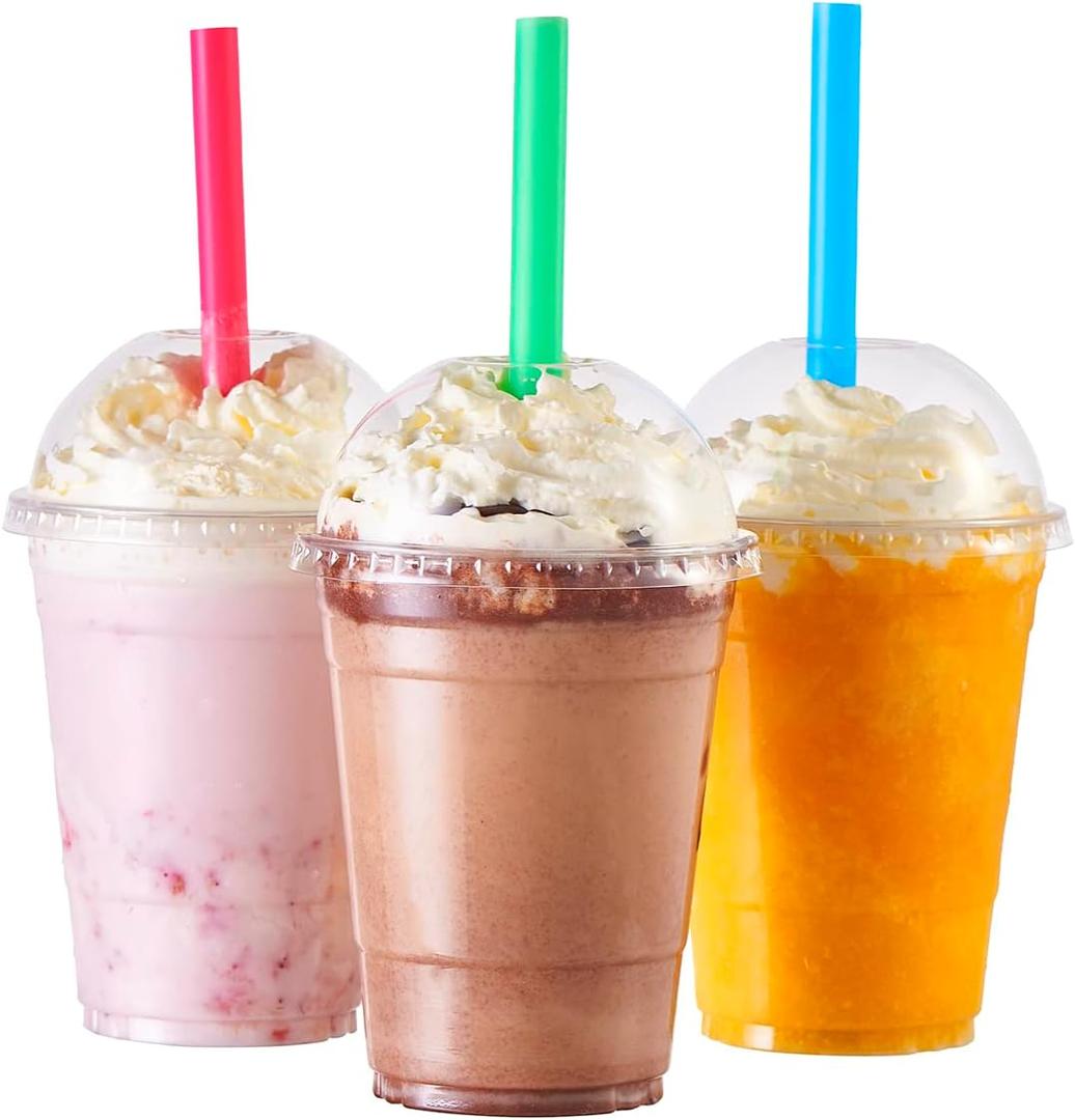 [100 Sets-16 oz.] Plastic Cups With Dome Straw Slot Lids PET Crystal Clear Disposable Togo Cup BPA Free For Party Ice Cold Drinks Coffee Tea Parfait Dessert Smoothie Bubble Boba Fruit Milkshake Slush