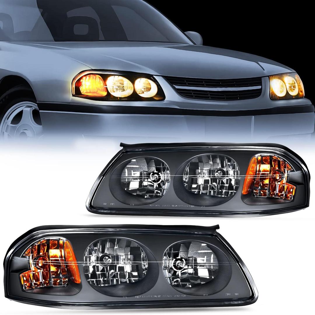 Nilight Headlight Assembly Compatible with 2000 2001 2002 2003 2004 2005 Chevy Impala Replacement Headlamp Black Housing Amber Reflector