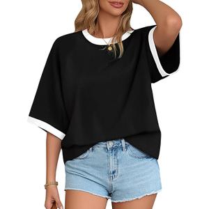 LilyCoco Oversized Ringer Tee Women Summer Boxy Short Sleeve T Shirts | Summer Casual Tshirt, Contrast Trim Top, Drop Shoulder, Color Block, Basic Loose Fit Tees, Weekend Going Out Clothes (Black, M)