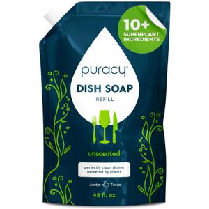 Puracy Natural Dish Soap Refill - Skin-Softening Plant-Based Liquid Dishwashing Detergent Soap, Clean-Rinsing Water-Sheeting Formula (Free & Clear, 48 fl oz)