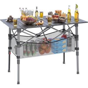 Portable Camping Table with Adjustable Height Legs, Lightweight Aluminum Roll-up beach tables for sand foldableFolding Picnic Table Large Storage Basket for Outdoor camping (Black, Medium 37")