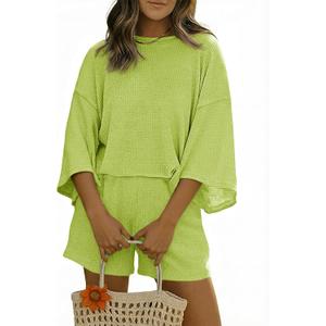 Tankaneo Womens Short Sets 2 Piece Outfits 3/4 Sleeve Tops and Elastic Waist Shorts Lounge Set Casual Loungewear (Green) XX-Large