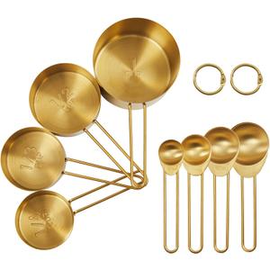 Golden 304 Stainless Steel Measuring Cups and Spoons Set,8PCS Stackable & Long Handle Fits Narrow Jars, Premium Gold Kitchen Accessories for Liquid & Dry Ingredients Baking Cooking, Durable & Rust-Proof