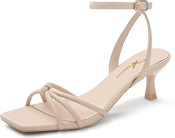Athlefit Kitten Heels for Women Square Open Toe Strappy Heeled Sandals Ankle Strap Dress High Heels for Prom Party Wedding (Nude, 8)