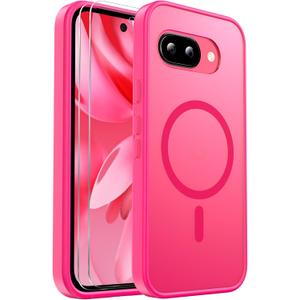 for Google Pixel 9A Case Magnetic Shockproof, [Fit for MagSafe] [Glass Screen Protector] Translucent Anti-Fingerprint Case for Google Pixel 9A (Hot Pink)