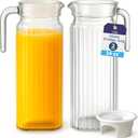 Glass Pitcher - (2 Pack) 1 Liter / 34 oz Clear Glass Pitchers with Handle and Lid - with Ribbed Design and Vented Spout - for Fridge Shelf and Everyday Use (33.8 Ounces)