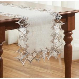 Natural Linen Table Runner 36 inches Neutral Earth Tones Beige Lace Coffee Table Runners Dresser Scarf for Spring Easter Summer Kitchen Wedding Party, Machine Washable