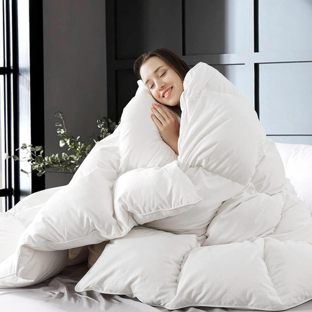 WhatsBedding Feather Down Fiber Comforter,Filled with Feather and Down Fiber, All Season White Luxury Bed Comforter,Ultra Soft 100% Cotton Duvet Insert,King Size 106"x90"