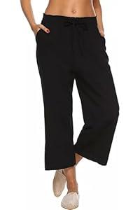 LNX Womens Linen Capri Pants Wide Leg High Waisted Drawstring Casual Cropped Pants with Pockets Black
 XL