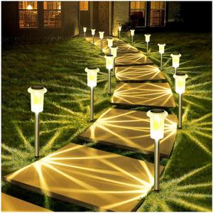 DenicMic Solar Lights Outdoor 10 Pack Waterproof Christmas Lights Outdoor 3000K Warm White LED Stainless Steel Stake for Landscape Lighting Path Walkway Sidewalk Backyard Patio Decor