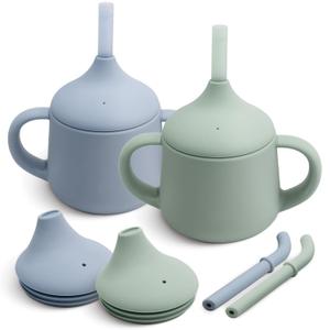 Moonkie Silicone Baby Sippy Cups | 3 Stages Training Cup Straw Cup for Infants Toddlers and Kid | 4 oz 2Pack (Sage + Ether)