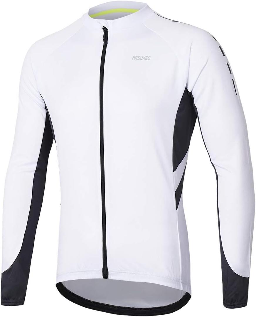 ARSUXEO Men's Full Zipper Long Sleeves Cycling Jersey Bicycle BikingBike Shirt 6030 (Large, White)