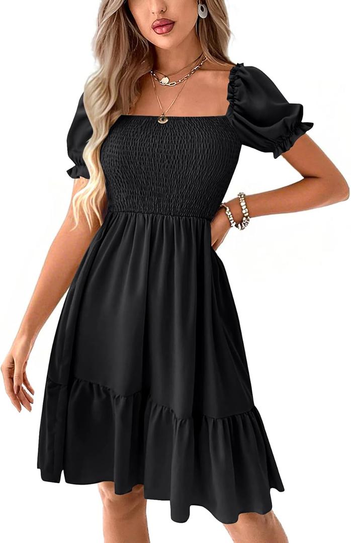 LYANER Women's Square Neck Smocked Mini Dress Puff Sleeve Ruffle Tiered Casual Wedding Guest Dress Black X-Small