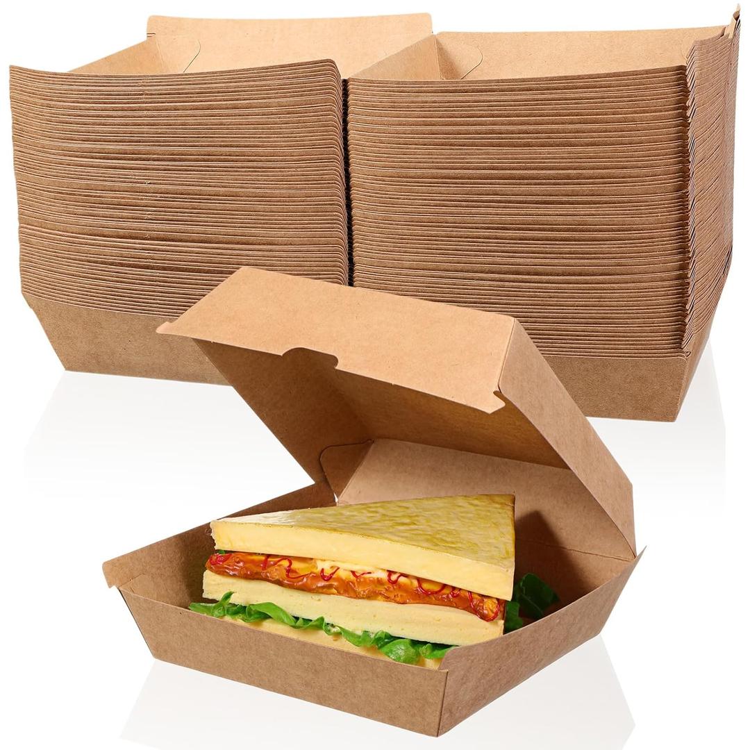 Gilprop 100 Pcs 6 x 6'' Clamshell Take out Food Storage Container Burger Box Kraft Paper Carryout Boxes Grease Proof Disposable Microwavable Bento Box with Lid for Hamburger Sandwiches Chips Dessert