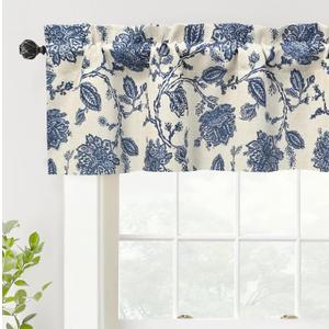 DriftAway Freda Jacobean Floral Linen Blend Blackout Thermal Insulated Energy Saving Privacy Window Linen Curtain Valance Rod Pocket 2 Layers Single 52 Inch by 14 Inch Plus 2 Inch Header Navy Beige