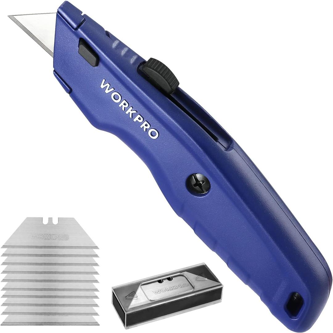 WORKPRO Premium Utility Knife, Retractable All Metal Heavy Duty Box Cutter, Quick Change Blade Razor Knife, with 10 Extra Blades (Blue)