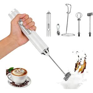 Milk Frother Handheld for Coffee, Hand Frother Wand, Electric Whisk 3 Speed Adjustable, Drink Mixer with Stainless 2 Whisks, Foam Maker for Latte Cappuccino Matcha (White)