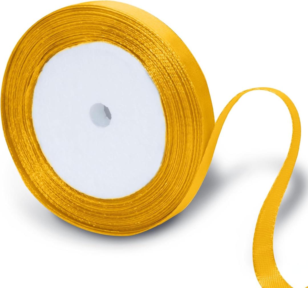 Qjaiune Yellow Gold Satin Ribbon, 3/8 Inch x 25 Yards, Wedding & Birthday Occasion, Solid Color, Polyester Satin Fabric