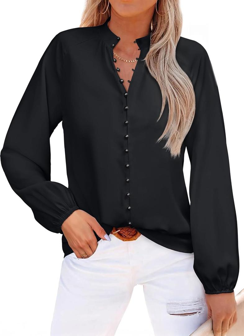 AGSEEM Womens Button Down Shirts Lantern Long Sleeve Boho Floral Print Chiffon Dressy Business Casual Blouses Tops 2026 (Black, L)
