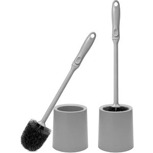 Toilet Brush and Holder 2 Pack with Long Handle - Non-Slip Grip Toilet Bowl Brush Set for Deep Cleaning Bathroom, Toilet Scrubber- Gray