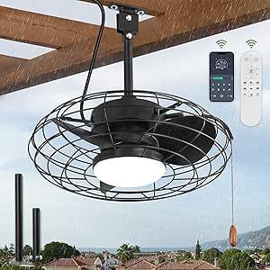 ZMISHIBO Outdoor Ceiling Fans with Light for Patios,Waterproof Gazebo Fan with Remote Control Smart App,3CCT Dimmable,Plug in Caged Ceiling Fan with Pull Chain for Porch Pergola,Black