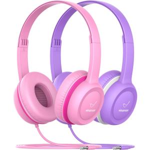 Vinamass Kids Headphones - Wired with 3.5mm Jack, Volume Limiting for Kids, Adjustable for Boys/Girls/School (purple pink), 2 pack