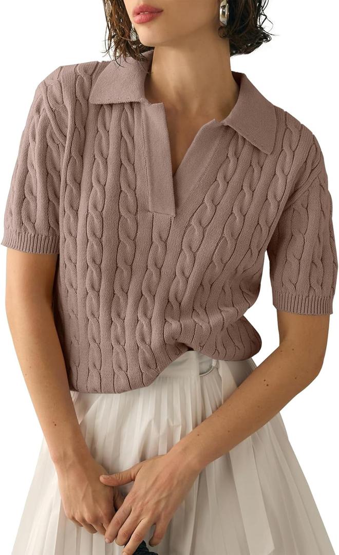 Imily Bela Women's Cable Short Sleeve Sweaters Tops Solid Lapel V Neck Knit Casual Soft Pullover Shirt (Large, Brown)