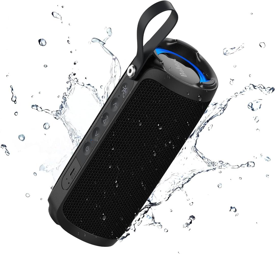 Bobtot Portable Bluetooth Speaker, IPX6 Waterproof Speaker with Punchy Bass, 15W Loud Sound, RGB, 15H Playtime, Dual Pairing for Party, Camping, Beach, Black