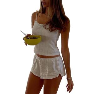 XBTCLXEBCO Lace Pajama Sets for Women 2 Piece Sexy Sleeveless Cami Tank Top and Shorts Pj Set Y2K Matching Lounge Sleepwear (Small, Bow White)